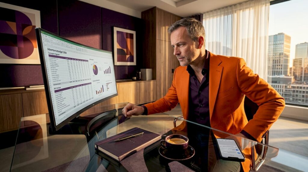 Ondernemer bekijkt de resultaten van zijn advertentiecampagnes