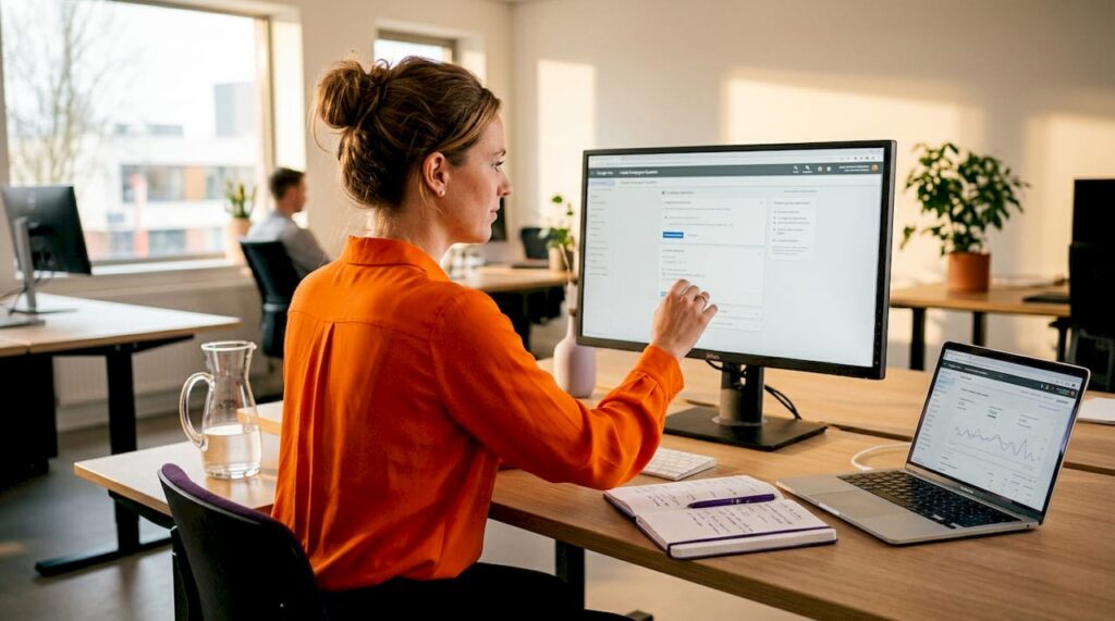 Marketingprofessional aan het werk vanuit huis, bezig met het opzetten van online advertentiecampagnes.