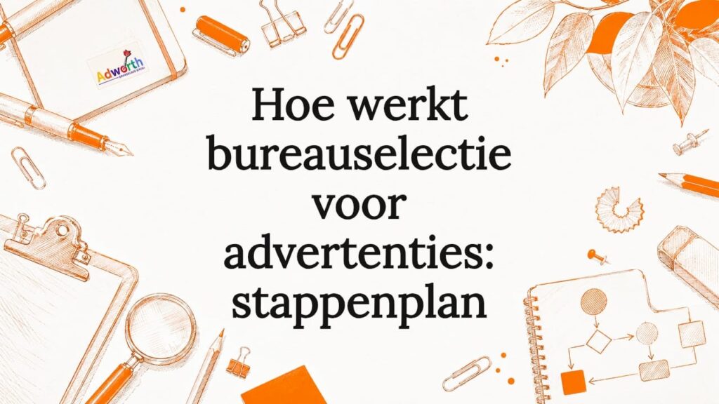 Sfeervolle titelkaart met speelse illustraties van kantoorspullen