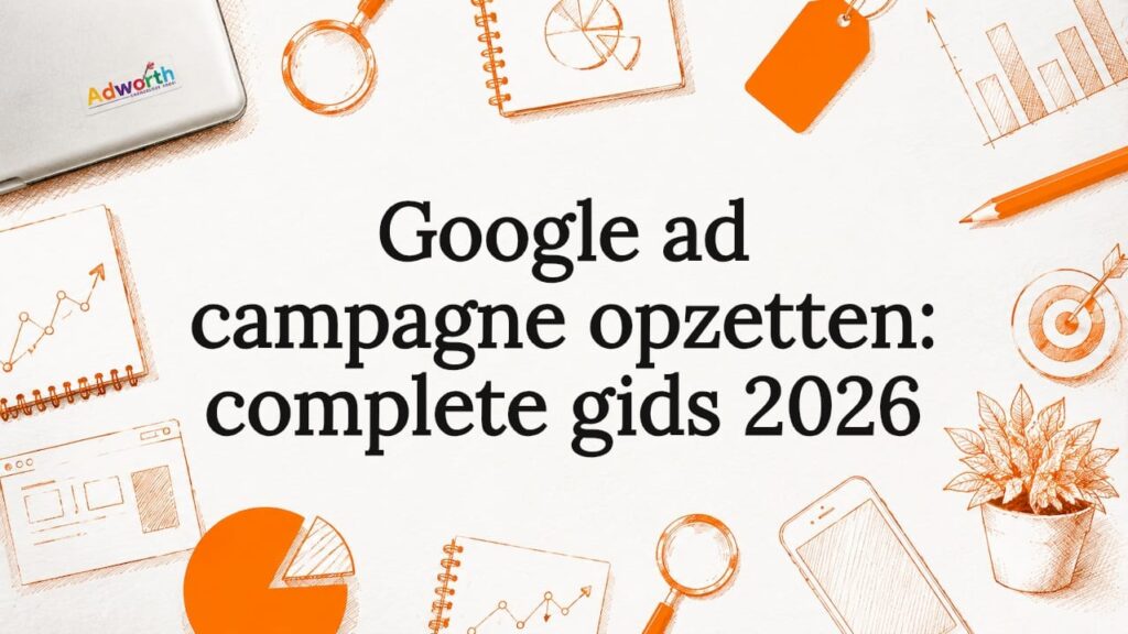 Titelkaart met speelse illustraties in het thema van Google Ads
